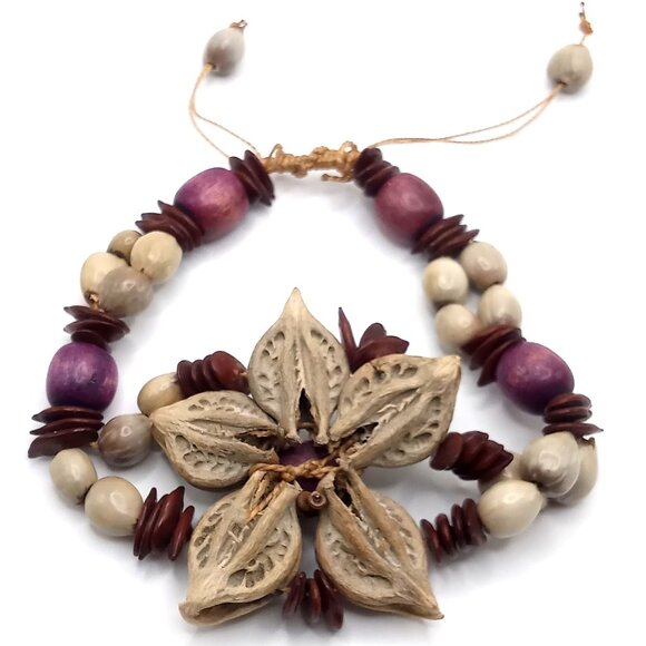 Handcrafted Adjustable Bracelet Natural Seed Beads Floral Design Bohemian Style - Picture 8 of 12